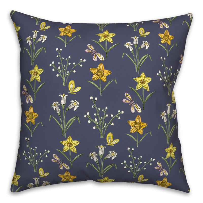 Floral Outdoor Reversible Throw Pillow, 18"H x 18"W, Navy