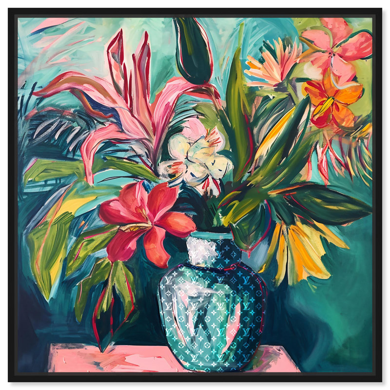 Art Remède Vase de fleurs tropicales, encadré de fleurs dans un vase 55511, Cadre noir, H 25 po x l 25 po