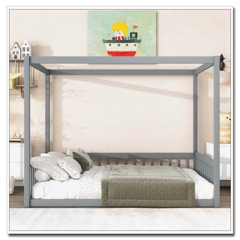 Lit en bois d'hévéa avec clôture Canopy, Gris