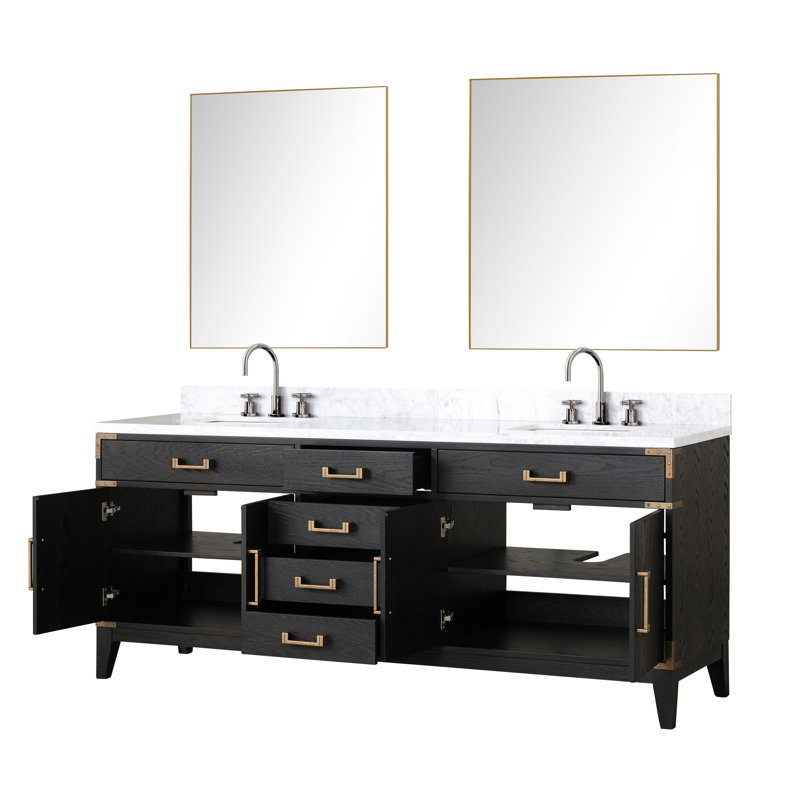 Laurel 80 in W x 22 in D Double Bath Vanity Mirrors with Faucet Set, White Carrara Marble, Black Oak