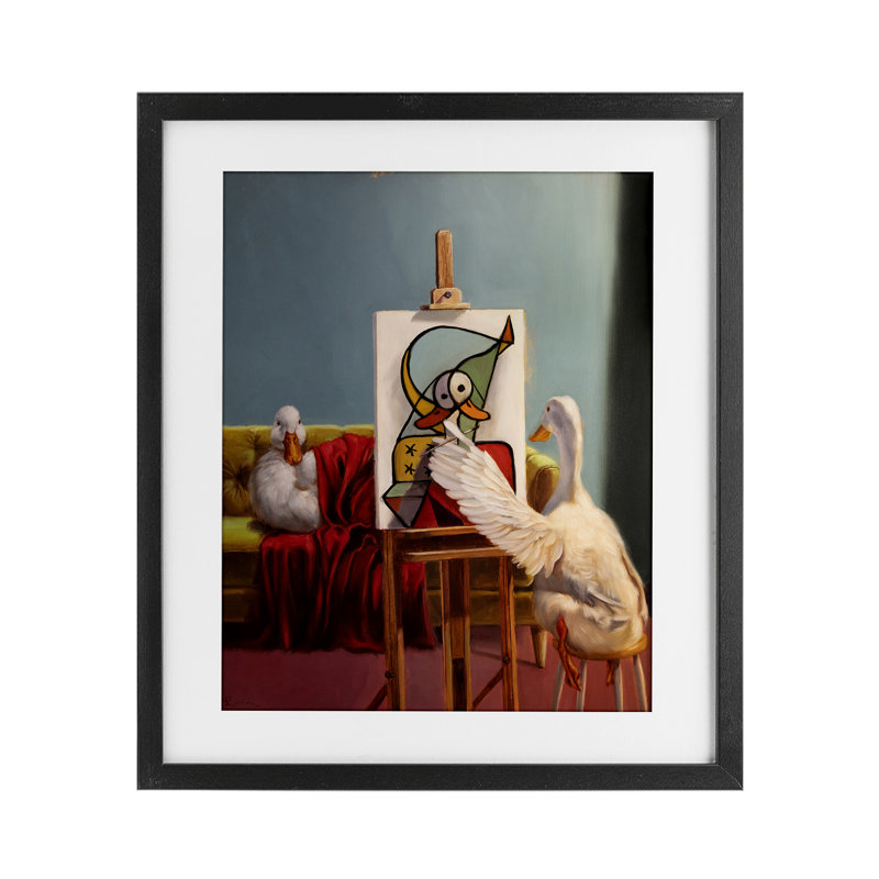 «Duckcasso Funny Painter Duck», reproduction d'art sous verre, conception de Lucia Heffernan, Cadre noir minuit