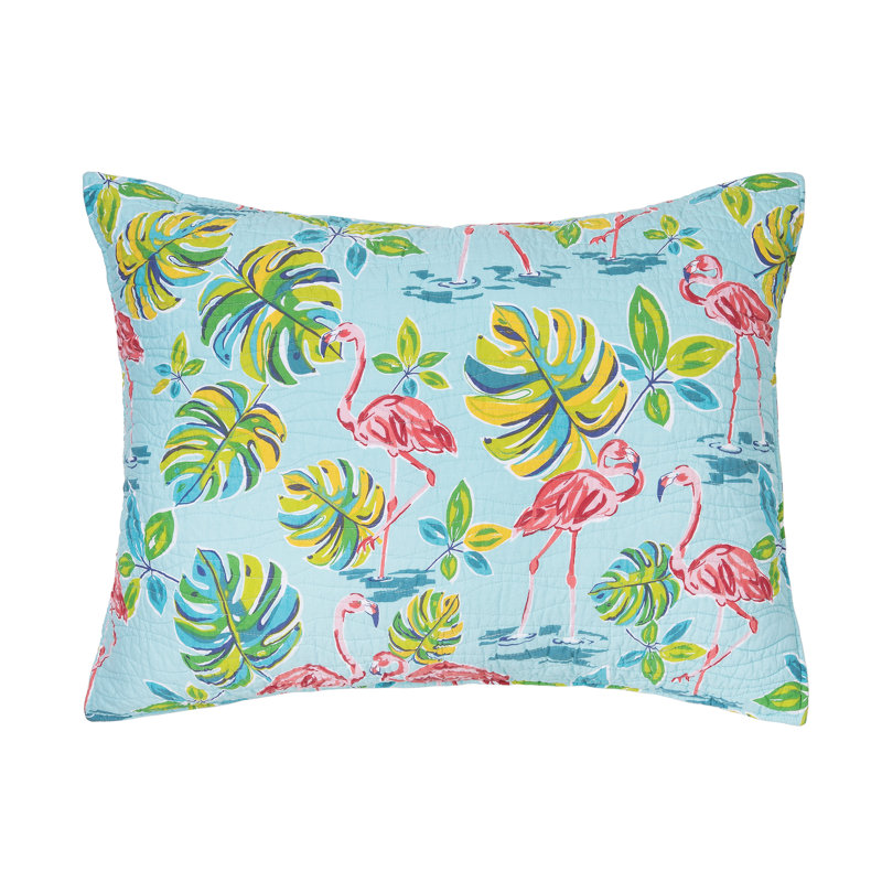 Blue Cotton Twin Reversible Quilt Set with Flamingo Design
