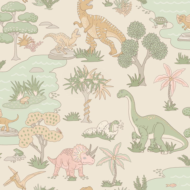 Papier peint intissé texturé rose/sauge à motifs botaniques de dinosaures, non encollé, 57 pieds carrés., Beige