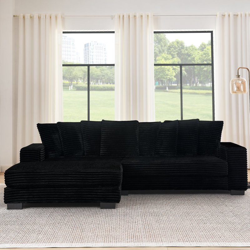 Velours côtelé en L noir rembourré avec coussins de siège de haute qualité et fonction convertible, 3 sièges, coussins de dossier modulaires et confortables, noir, structure en bois massif, design
