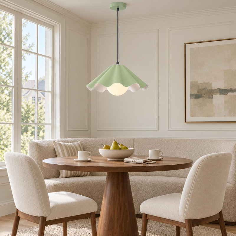 1-Light Dimmable Gray-Green Scalloped Petal Metal Pendant Light, Grey Green