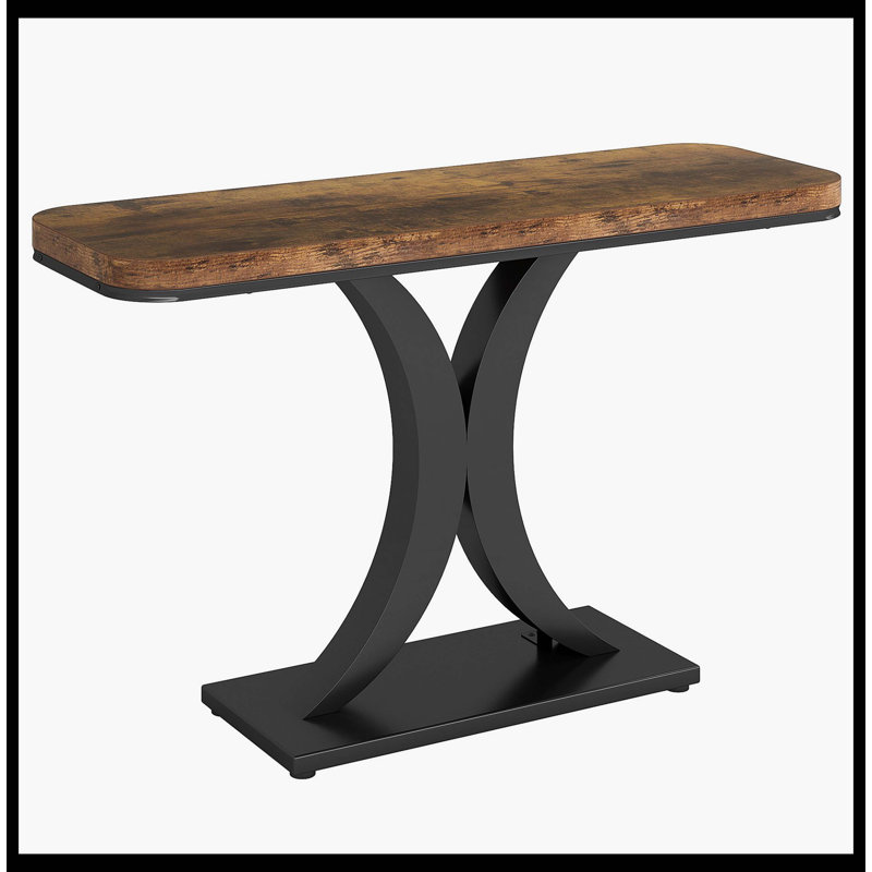 Narrow Entryway Foyer Table with Geometric Base, Rustic Brown/Black