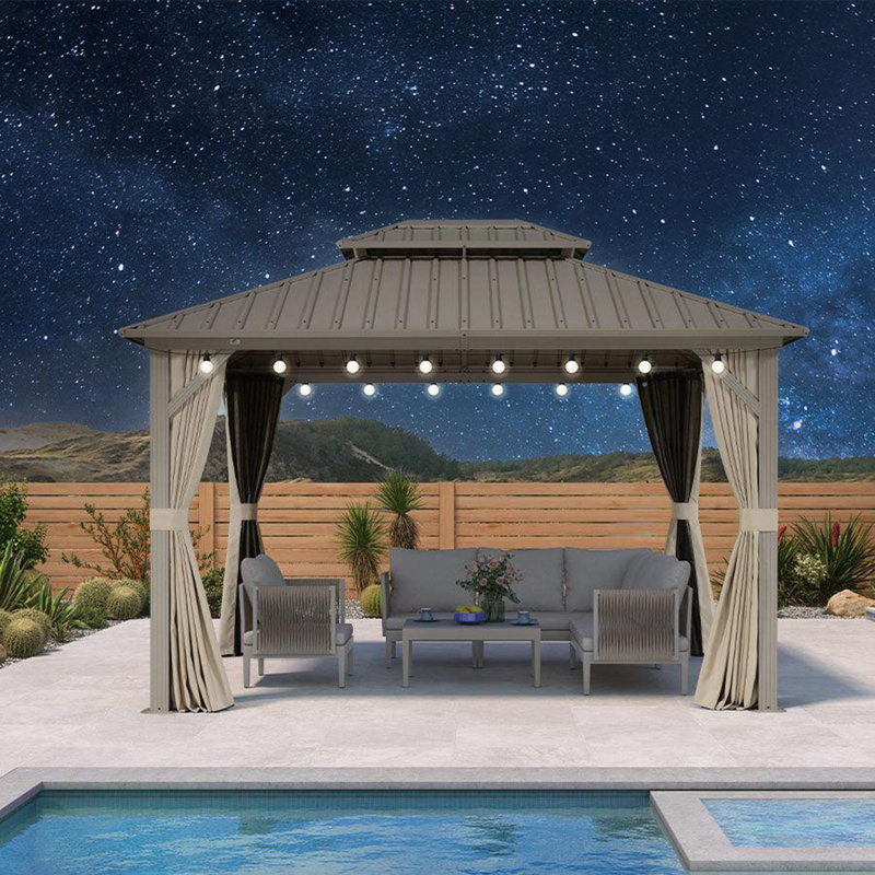 PURPLE LEAF Deck Gazebo Champagne Hardtop Metal Frame Double Roof with Curtains and Netting with Light