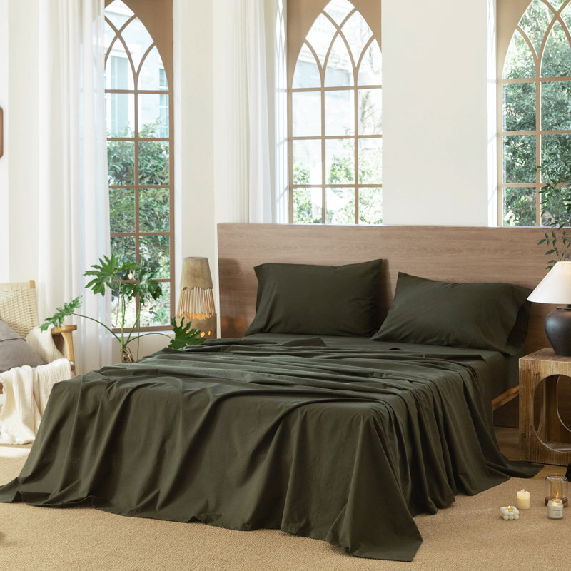 MooMee Flat Sheet 100% Washed Cotton Linen Like Textured Breathable Lightweight, Queen Flat Sheet, Olive Green