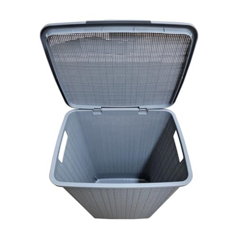 YBM Home Plastic Rattan Laundry Hamper Basket With Hinged Lid, Ventilation Holes, Durable, Lightweight Bin With Cutout Handles, Storage Dirty Clothes, Space Saver, 6-Pack