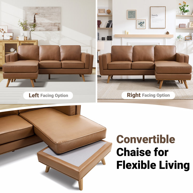 84'' Upholstered Reversible Sectional Sofa with Chaise, Movable Ottoman, Solid Wood Legs and Frame, Brown Faux Leather