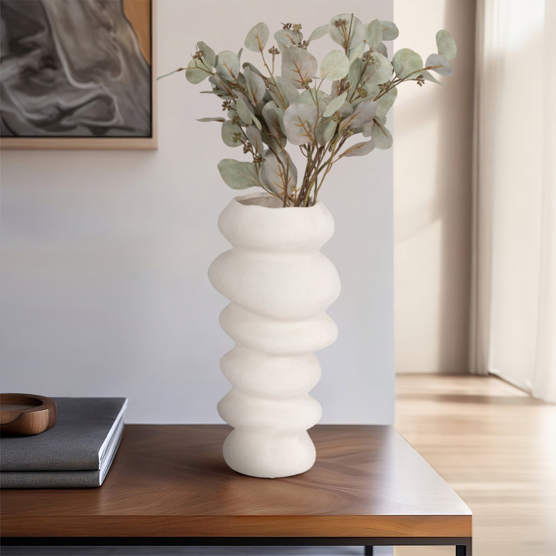 Vase en grès cérame à motif ondulé sculptural et forme artisanale texturée pour décoration moderne, H 16 po x l 8 po x P 8 po