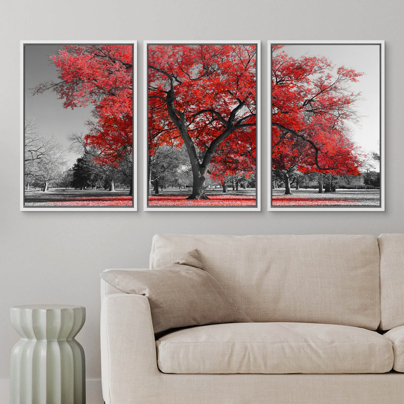 "Red Tree Leaves Forest In The Park Nature Landscape", ensemble de 3 reproductions sur toiles encadrées, Cadre flottant blanc