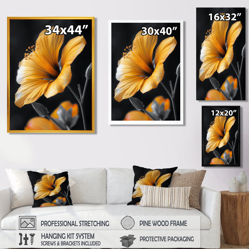 Jaune jaune noir pétale de fleurs - fleurs, art mural salon, Toile argentée avec cadre flottant, H 20 po x l 12 po x P 1 po
