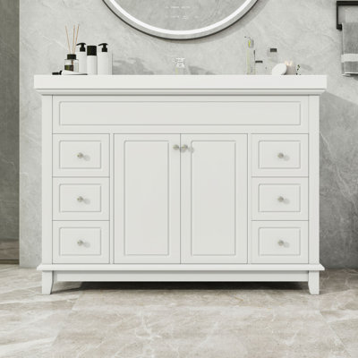Meuble-lavabo de salle de bain avec lavabo en résine, 6 tiroirs et 2 portes à fermeture en douceur
