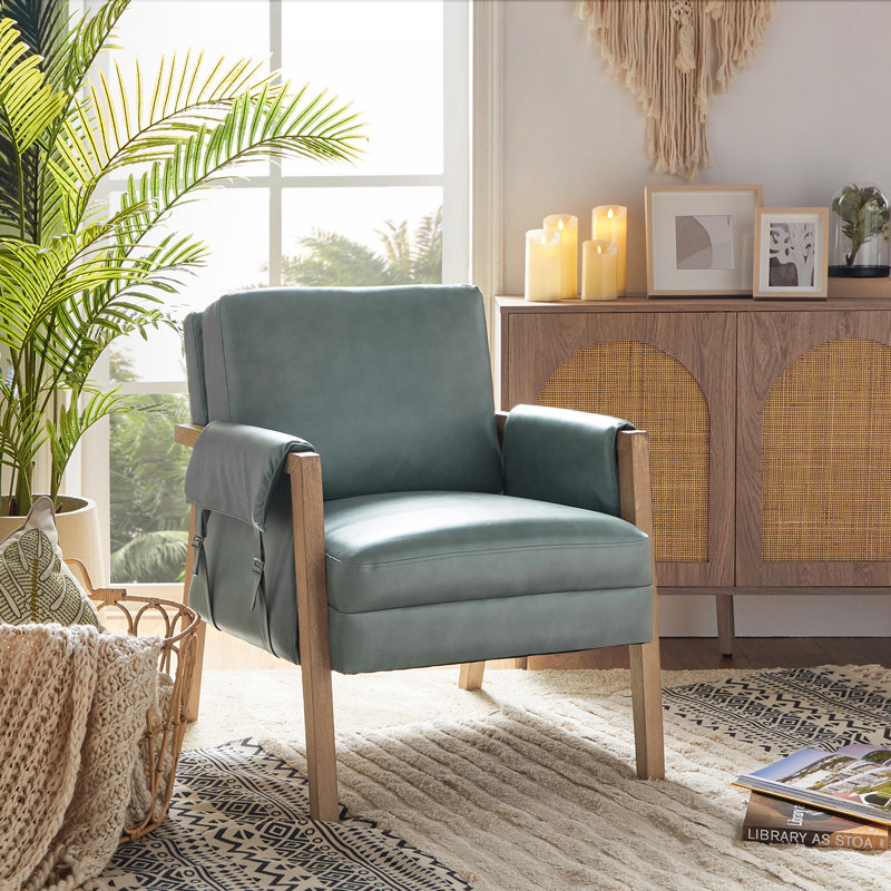 Arhiana Faux Leather Armchair With Solid Wood Legs, Sage