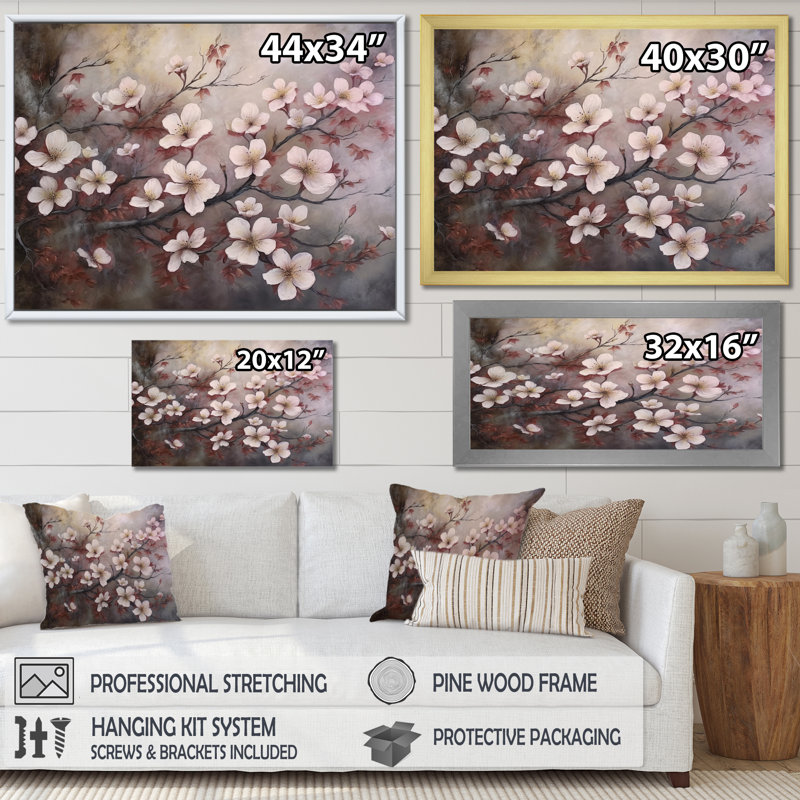 Rose et gris Dogwood Elegance I - reproduction sur toile, Cadre flottant blanc, H 24 po x l 32 po x P 1 po