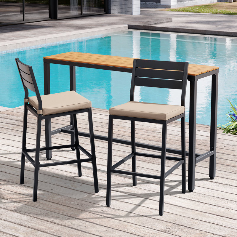 2 - Person Metal Patio Dining Set With Rectangular Bar Table , Cushions Included, Beige, Brown