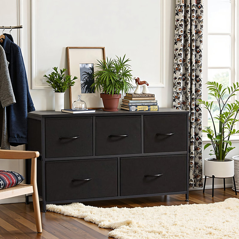 Atre Dresser For Bedroom With 5 Drawers, 39.4"W 5 Drawer Small Dresser Fabric Storage Drawer Unit, Black