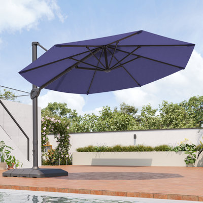 Abat-jour luxueux: parasol en porte-à-faux de 11 pi avec tissu teint dans la masse, cadre en aluminium et rotation à 360 °