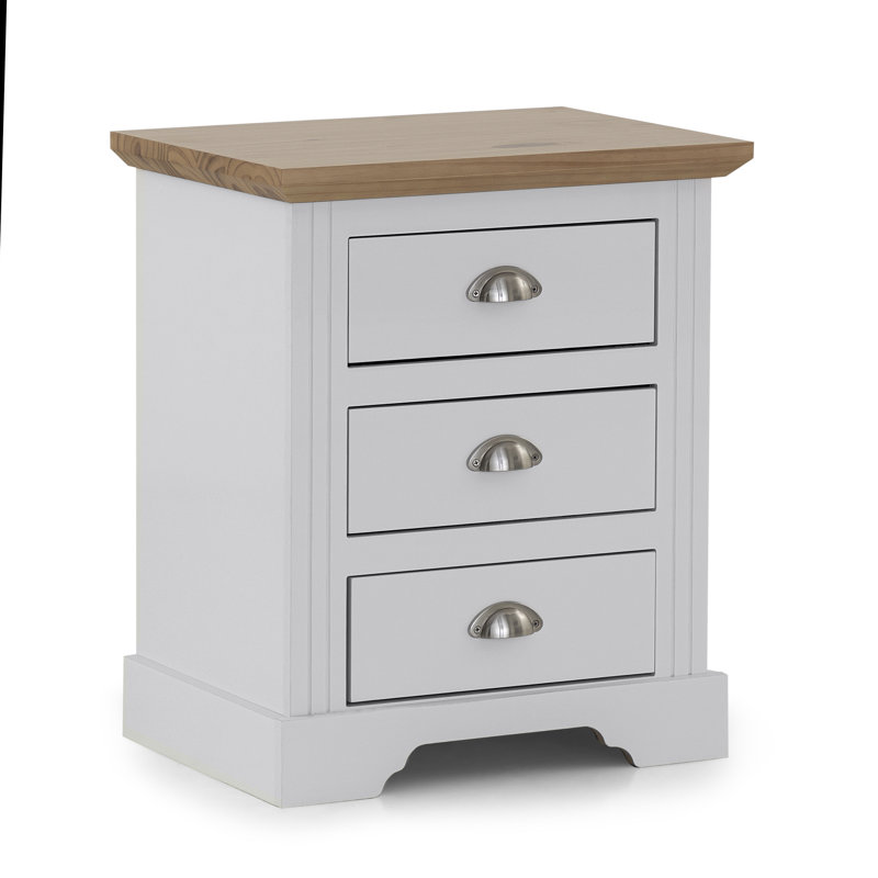 Table de chevet 3 tiroirs Alaska en bois massif avec plateau en bois de pin, Blanc / Brun