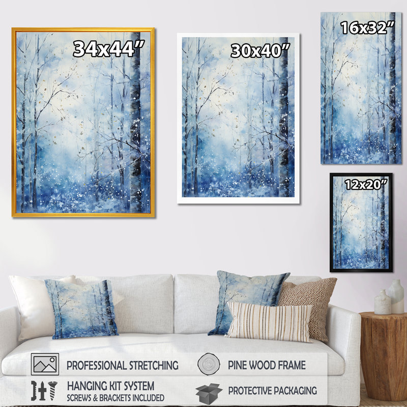 «White and Blue Winter Forest Collage II - Winter Landscape», art mural, Cadre flottant brun, H 40 po x l 30 po x P 1,5 po