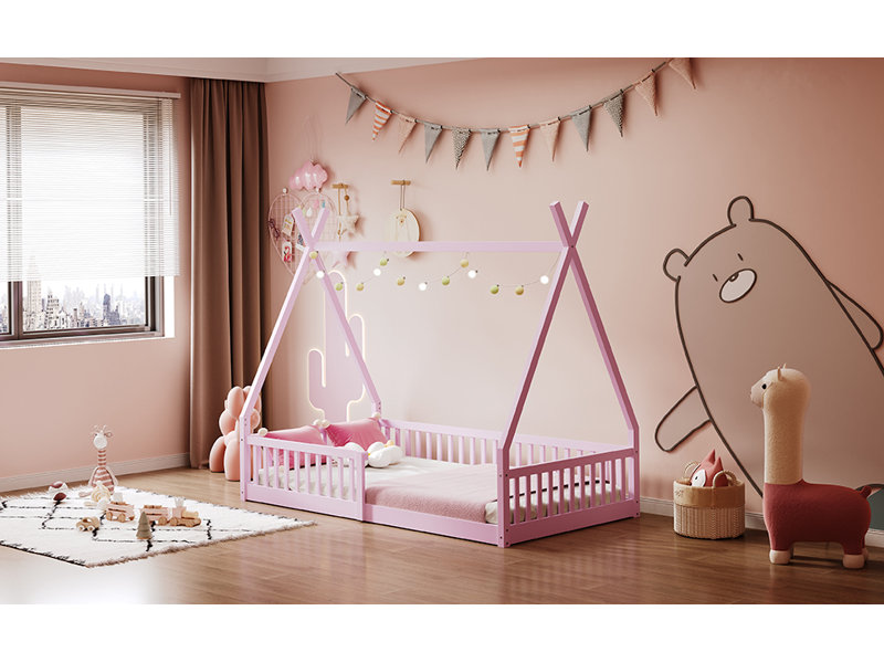 Lit simple en bois avec clôture, rose, Rose