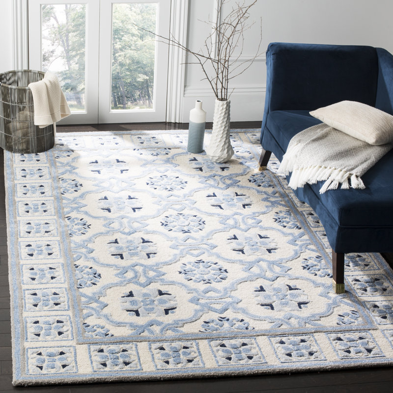 Tapis oriental en laine / viscose touffeté à la main Cruz en bleu ivoire, Rectangle 6 pi x 9 pi