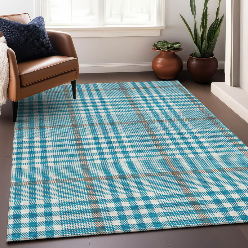 Teal and White Synthetic Washable Rectangular Rug