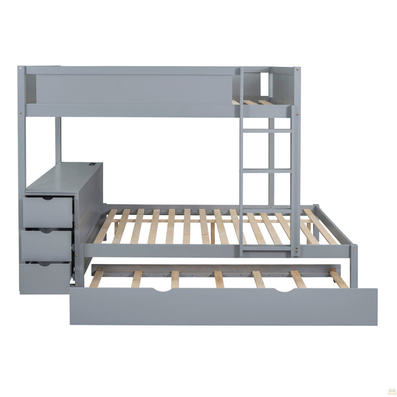 Lit superposé double avec lit gigogne simple, rangement et bureau, Gris, Lit superposé double sur double