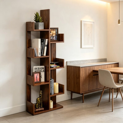Tree Shaped Bookshelf with 8 Storage Shelves Display Bookcase in Rustic Brown White Black or Natural Finish 50 x 24.5 x 145 cm