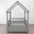 Twin Size Floor Wooden Bed with House Roof Frame, Fence Guardrails,Grey-1722518669-1722518670