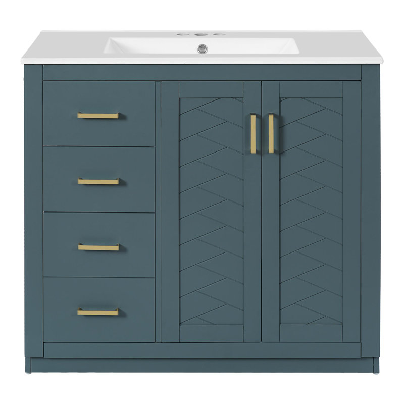Meuble-lavabo 36 po avec lavabo en céramique, Bleu / doré