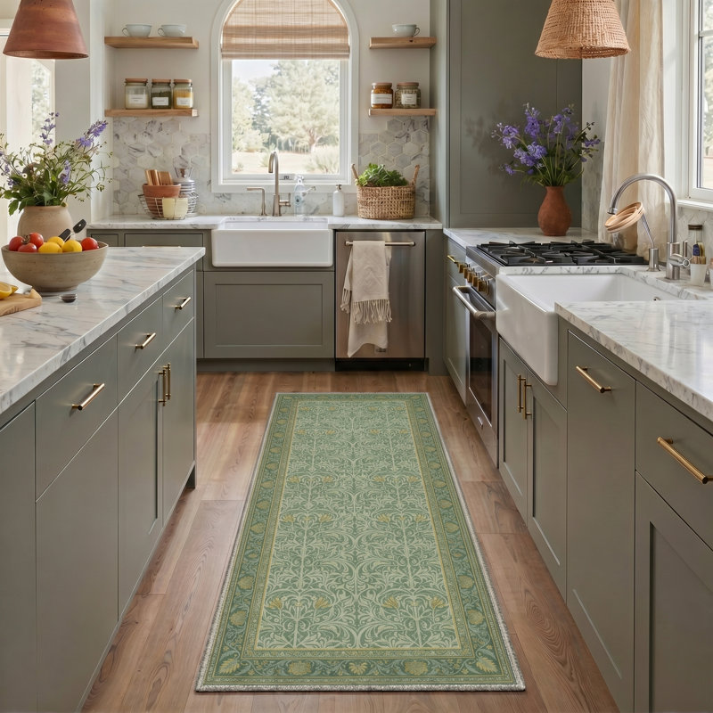 Tapis d'intérieur vert / jaune / beige à motif floral lavable à la machine avec envers antidérapant Allendale Arvella