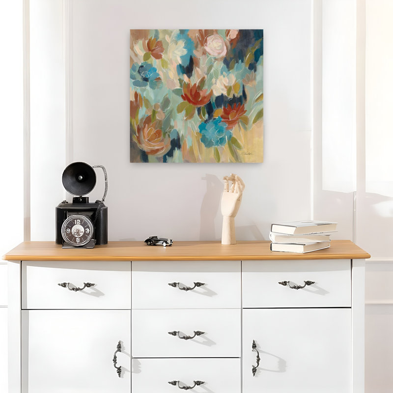 Floral contemporain bleu et sienne avec art abstrait bleu, H 18 po x l 18 po