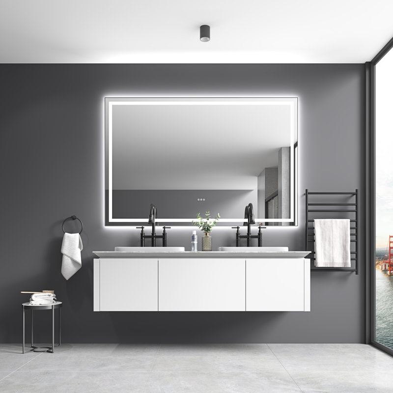 Miroir de salle de bain mural à DEL avec lumière élevée et anti-buée, 84 po x 48 po, Noir