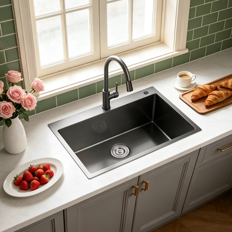 27"L × 19"W Drop-in Single Bowl Stainless Steel Kitchen Sink, Black