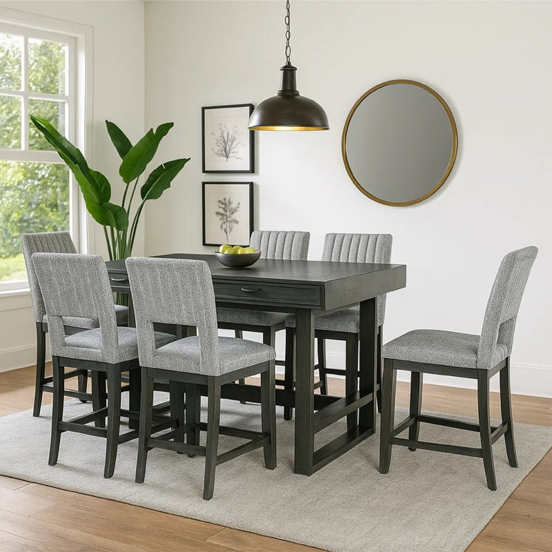 Manny 7Pc Counter Height Dining Set, Storage Table, 6 Chairs, Gray