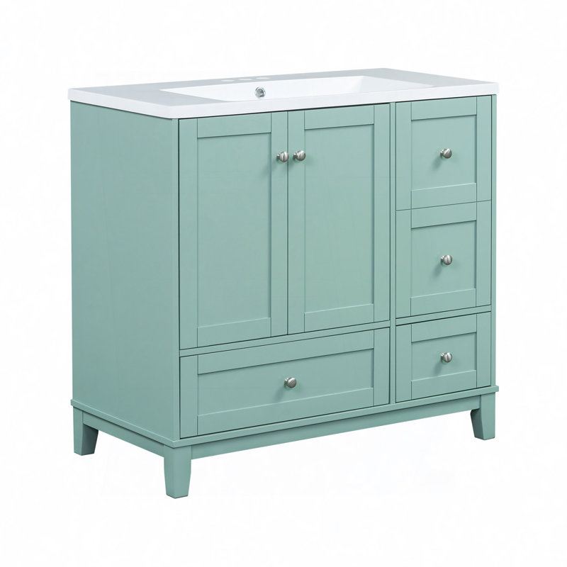 Meuble-lavabo moderne avec chargement USB, deux portes et trois tiroirs avec meuble-lavabo, petit meuble-lavabo avec lavabo simple, vert - robinets non inclus