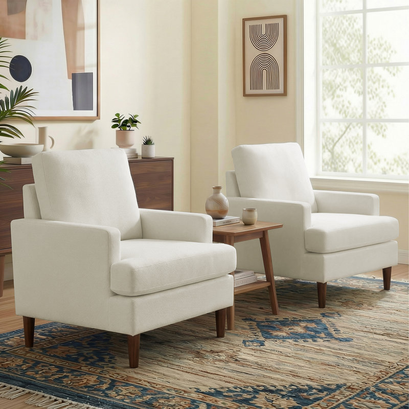 Fauteuil rembourré avec accoudoirs carrés, Mocha Legs Beige Fabric