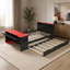 Lit de jour en bois pleine grandeur avec lit gigogne simple, bureau, lumière DEL et USB, noir et rouge-1137309618-1137309619