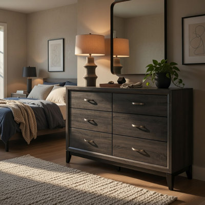 Hudson 58" Modern Charcoal Gray 6-Drawer Dresser