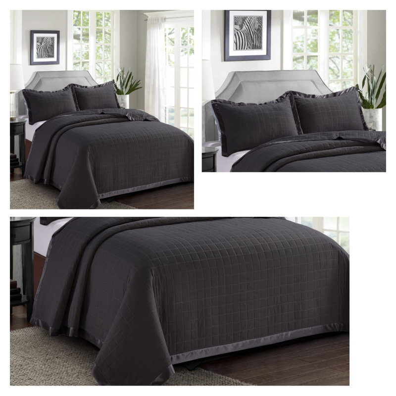 Berdeja Polyester Solid Colour Bedspread with Pillowcases, 185 x 240 cm Bedspread - 2 Pillowshams, Black