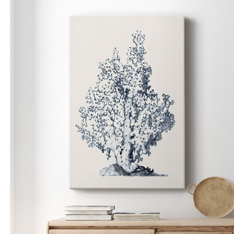 Toile tendue avec châssis bleu antique Coral I - prêt à accrocher, H 18 po x l 12 po x P 1,5 po