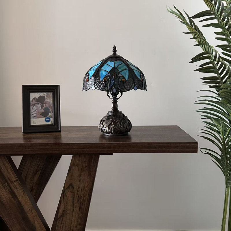 Simonetti Tiffany Table Stained Glass Liaison Lamp LED Bulb Included Dragonfly Base 10"W*10"D*14"H, Blue/Brown/Yellow