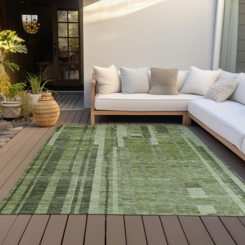 Green Striped Synthetic Washable Indoor/Outdoor Rug 2'6" x 3'10"