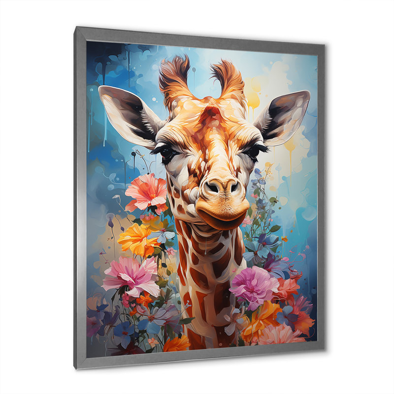 Popart Art, girafe multicolore Grace I sur toile, Cadre simple argenté, H 32 po x l 24 po x P 1 po
