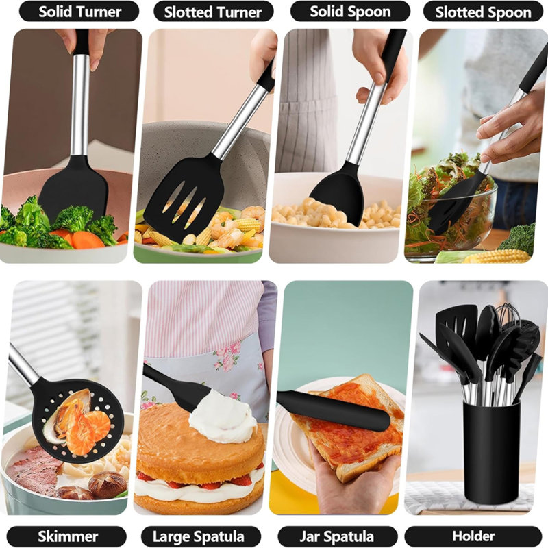 14 Pcs Silicone Cooking Utensil Set,stainless Steel Kitchen Utensils Set,non-stick Heat Resistant,black