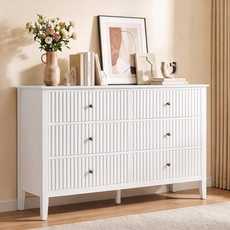 Fluted 6-Drawer Dresser - 47“ Wide Storage Chest for Bedroom Living Room, White