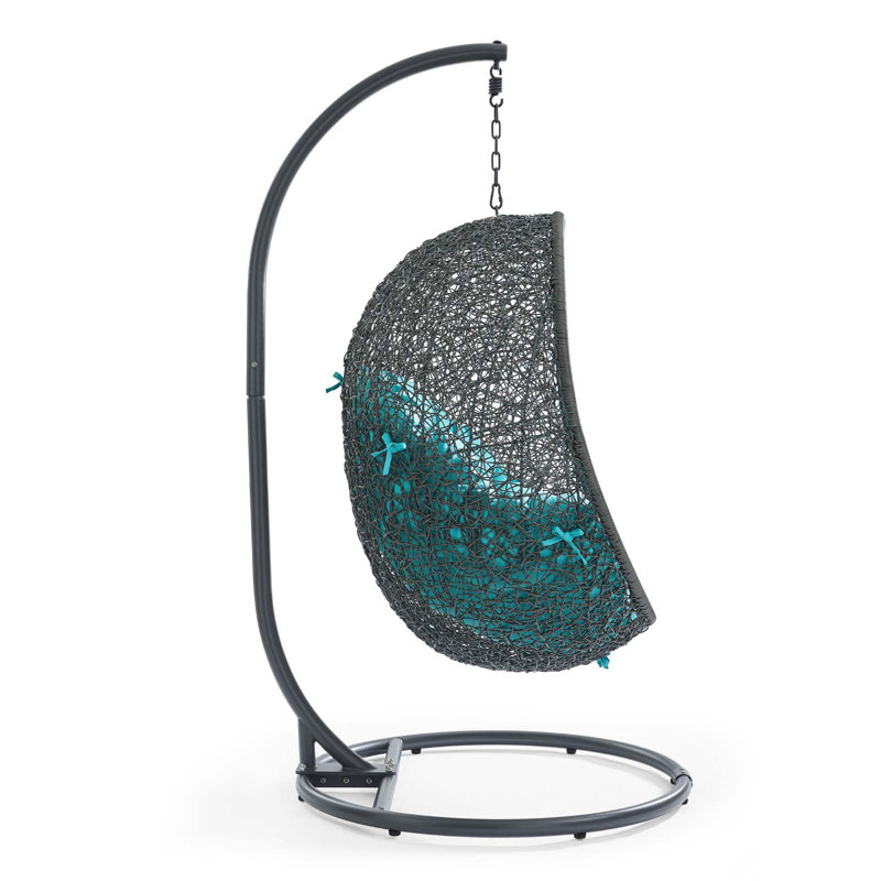 Gray and Turquoise Rattan Outdoor Patio Swing Chair with Stand