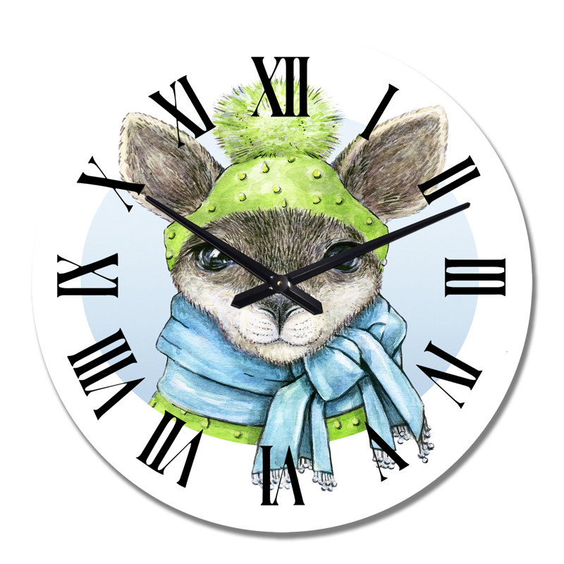 Portrait d'un petit kangeroo avec un chapeau vert - horloge murale pour enfants, Grand